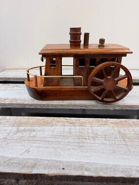 Vintage Wooden Paddle Wheel Riverboat Music Box- Steamboat -Novelty Decor 7 Inch